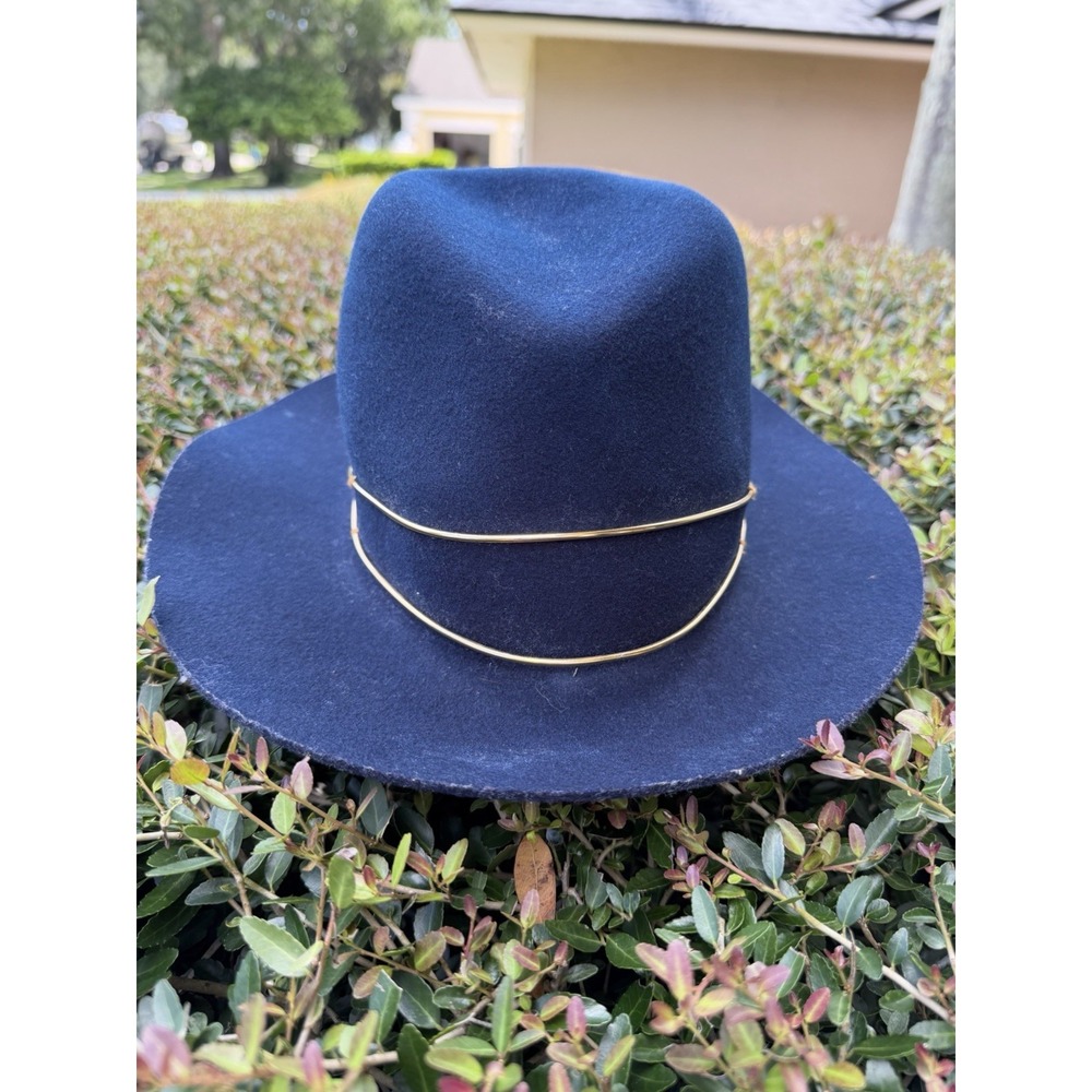 Janessa Leone Wool Fedora Medium Navy Blue Gold Wire Band Made in USA Hat